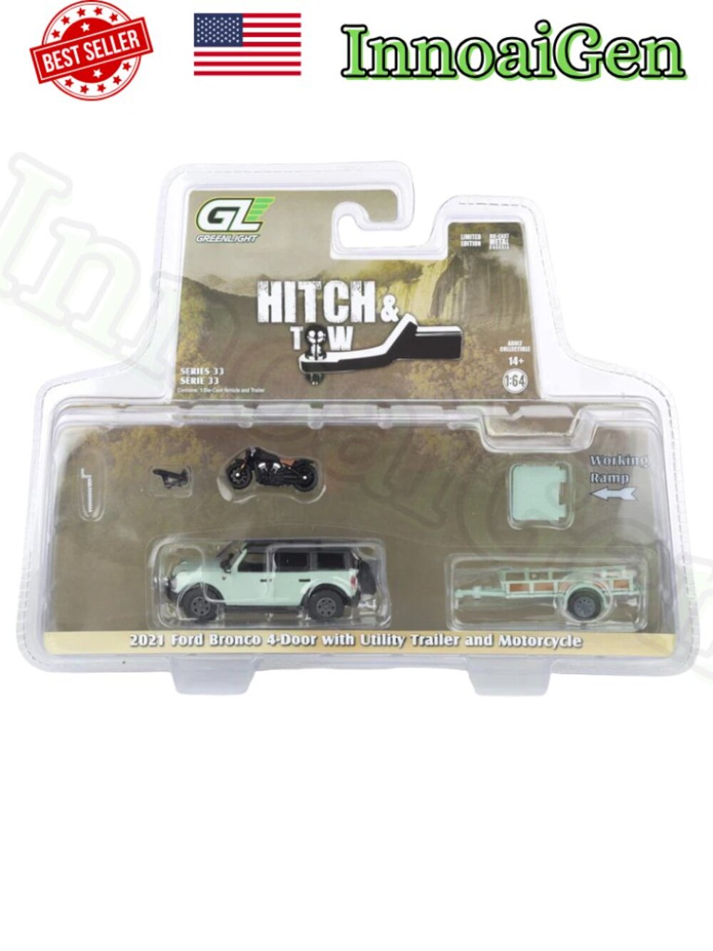 Greenlight Hitch & Tow 2021 Ford Bronco 4-Door Utility Trailer Motorcycle 1:64